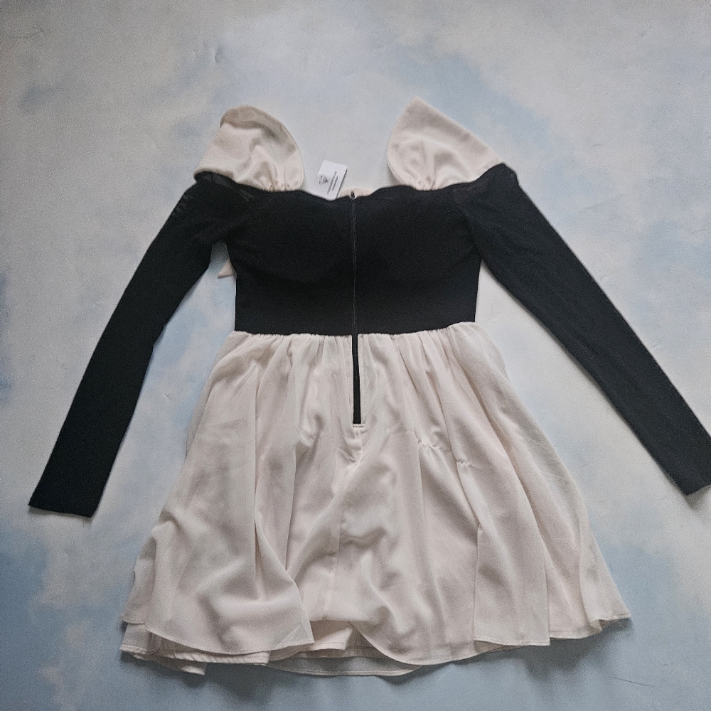 Coquette Black & Cream Off-Shoulder Dress Chiffon Feminine Mini Dress - Picture 14 of 16
